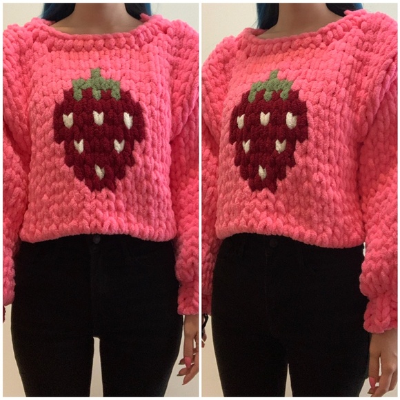Hot Pink Maroon Red Strawberry Graphic Chunky Chenille Knit Crop Sweater Y2k - Picture 4 of 4